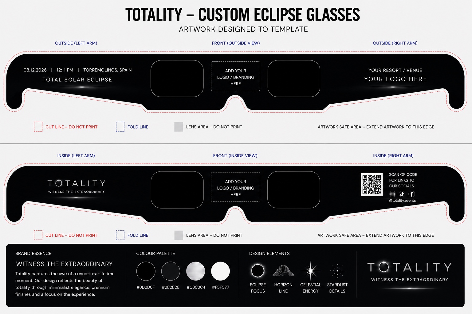 TOTALITY bespoke eclipse glasses customisation template showing hotel branding, date, location and QR-led guest sharing