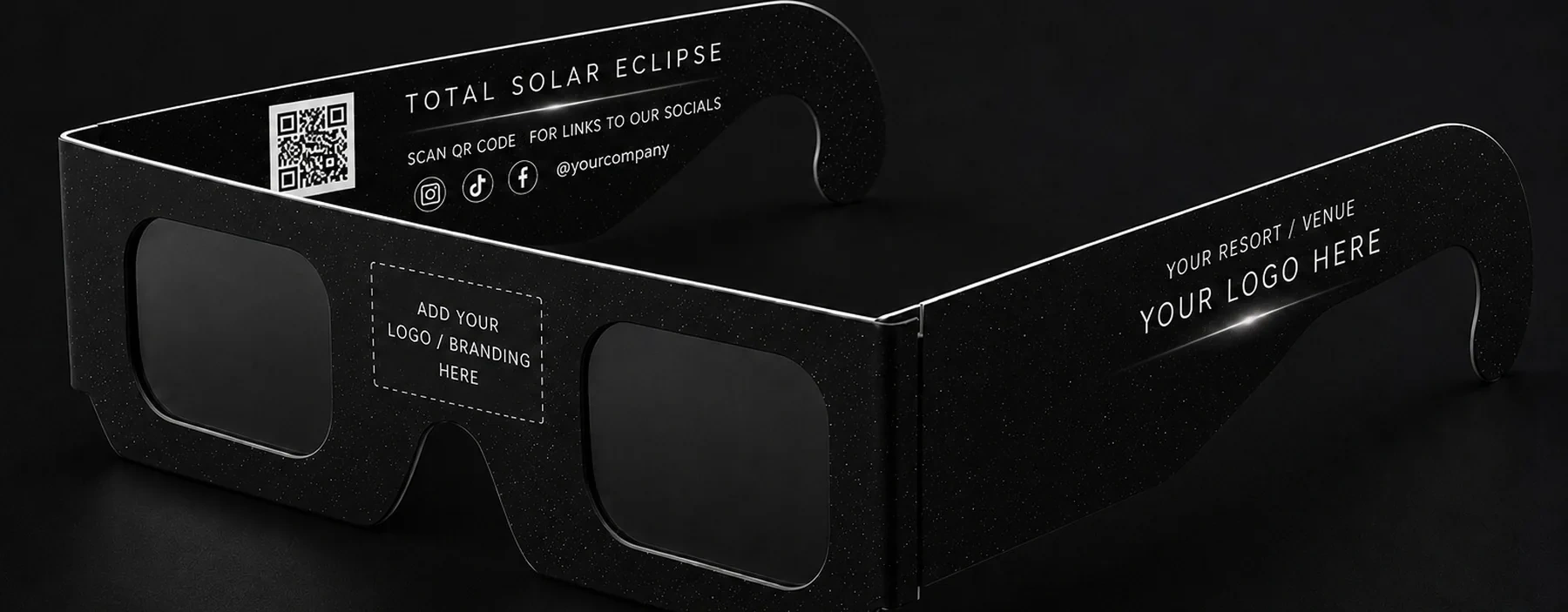 Wide detail view of the approved TOTALITY eclipse viewer, showing the full inside face with QR code, social handles and property branding zones.