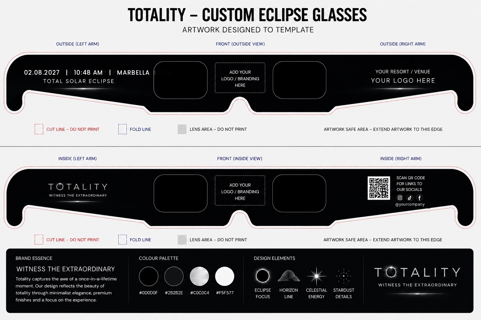 Original TOTALITY custom eclipse glasses artwork template showing the complete outside and inside flat-pack views, branding zones, lens areas, QR code placement and design system.